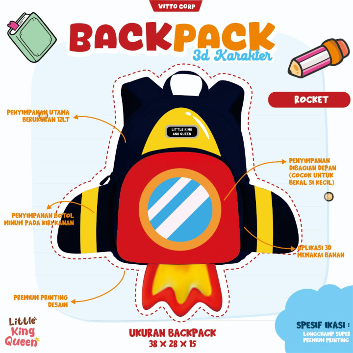 PO BACK PACK 3D KARAKTER BY LITTLE KING QUEEN