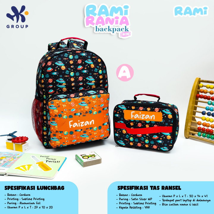 PO RAMI RANIA BACKPACK DAN LUNCH BAG CUSTOM NAME BY HK GRUP