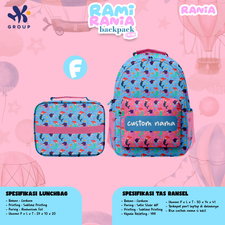 PO RAMI RANIA BACKPACK DAN LUNCH BAG CUSTOM NAME BY HK GRUP