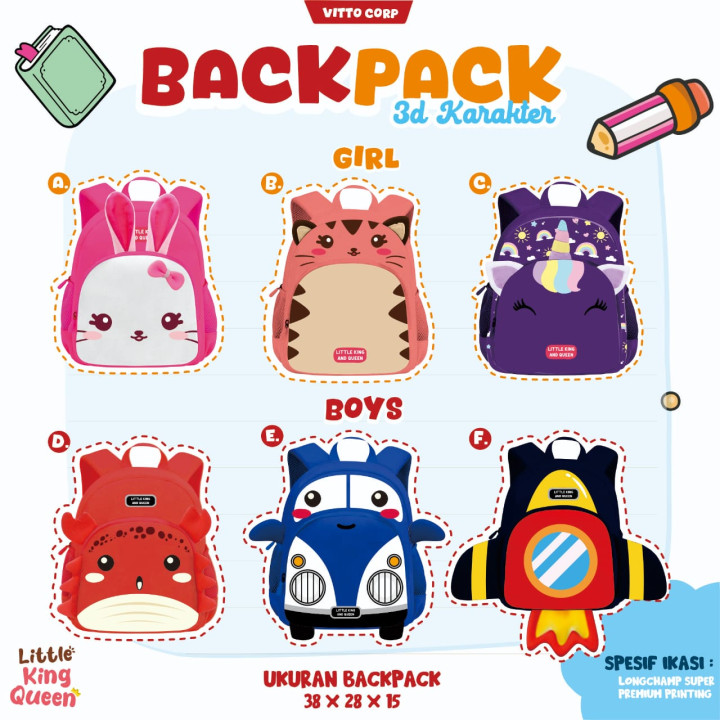 PO BACK PACK 3D KARAKTER BY LITTLE KING QUEEN