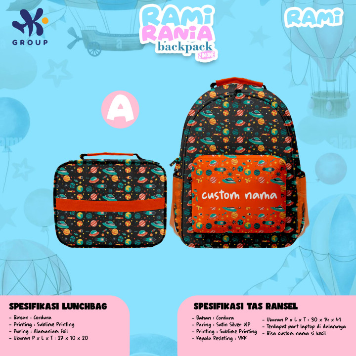 PO RAMI RANIA BACKPACK DAN LUNCH BAG CUSTOM NAME BY HK GRUP