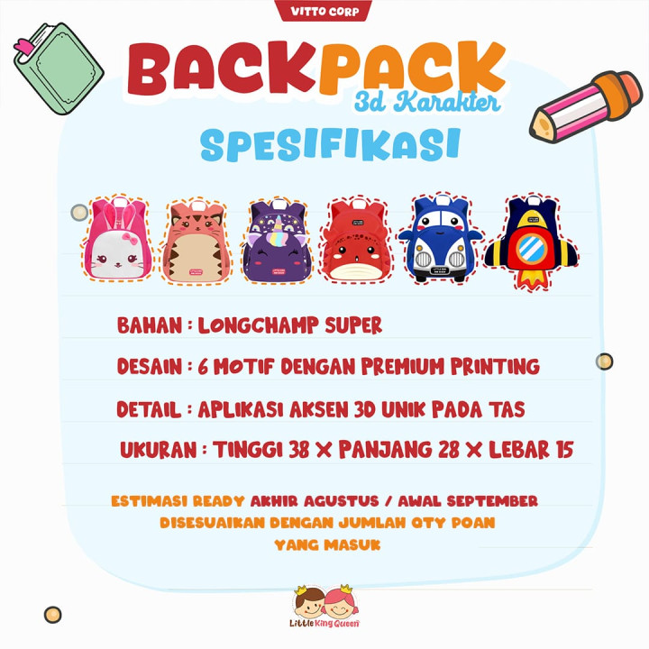 PO BACK PACK 3D KARAKTER BY LITTLE KING QUEEN