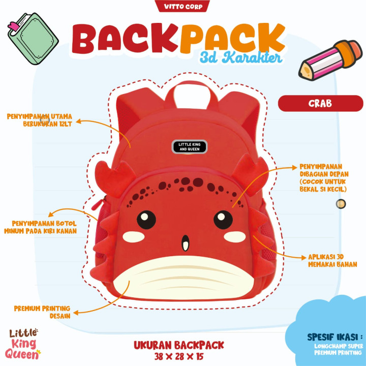 PO BACK PACK 3D KARAKTER BY LITTLE KING QUEEN