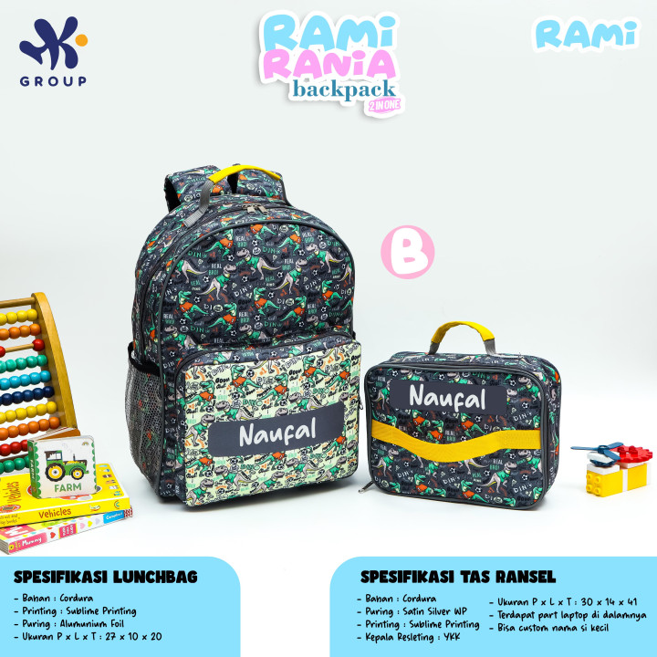 PO RAMI RANIA BACKPACK DAN LUNCH BAG CUSTOM NAME BY HK GRUP