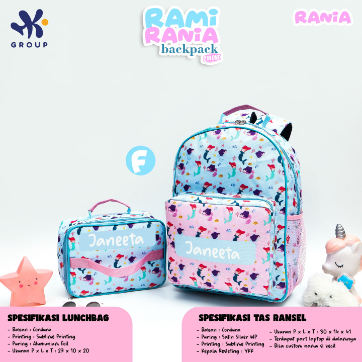 PO RAMI RANIA BACKPACK DAN LUNCH BAG CUSTOM NAME BY HK GRUP