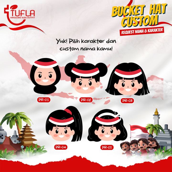 PO BUCKET HAT CUSTOM NAMA KAREKTER PEREMPUAN (Seri Anak Indonesia)