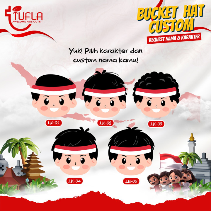 PO BUCKET HAT CUSTOM NAMA KAREKTER LAKI LAKI (Seri Anak Indonesia)