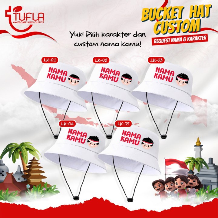 PO BUCKET HAT CUSTOM NAMA KAREKTER LAKI LAKI (Seri Anak Indonesia)
