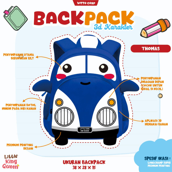 PO BACK PACK 3D KARAKTER BY LITTLE KING QUEEN