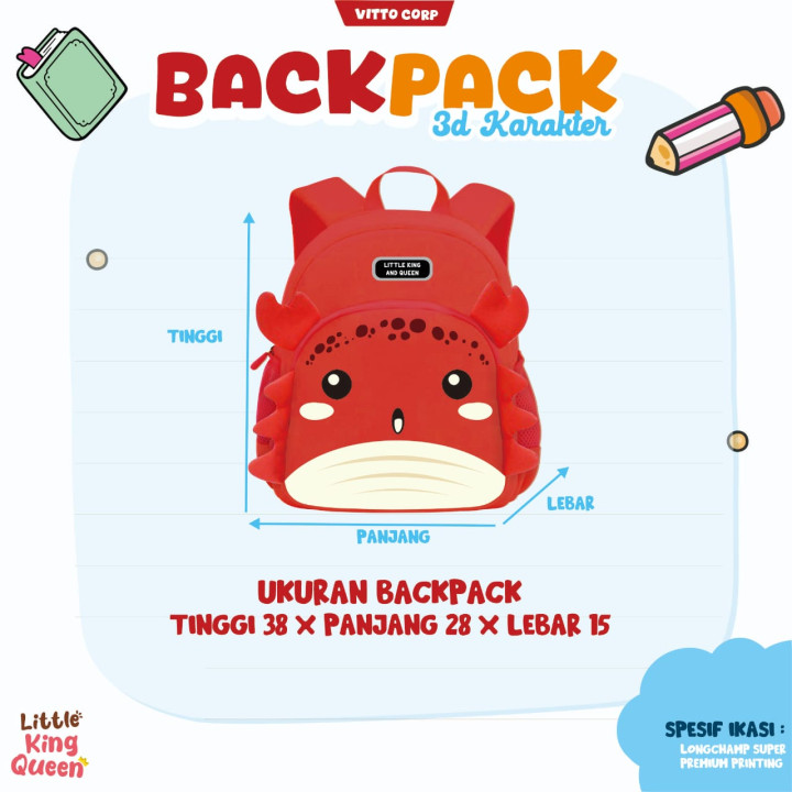 PO BACK PACK 3D KARAKTER BY LITTLE KING QUEEN