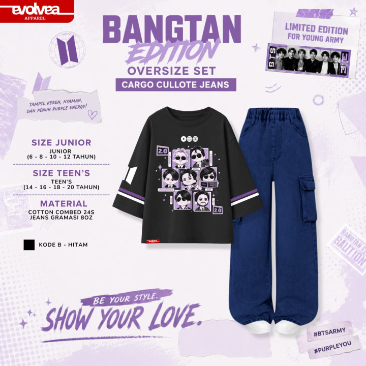PO BANGTAN EDITION OVERSIZE SET CARGO CULLOTE JEANS BY EVOLVEA