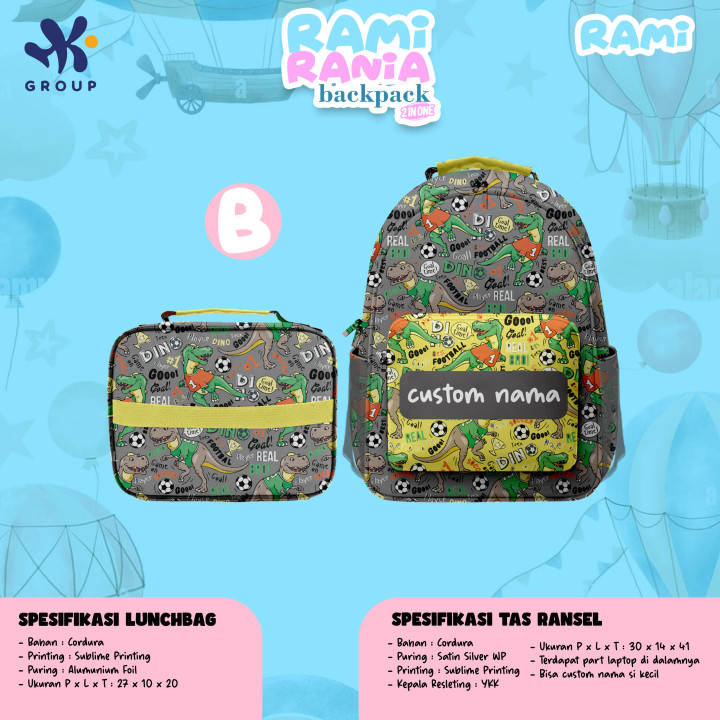 PO RAMI RANIA BACKPACK DAN LUNCH BAG CUSTOM NAME BY HK GRUP